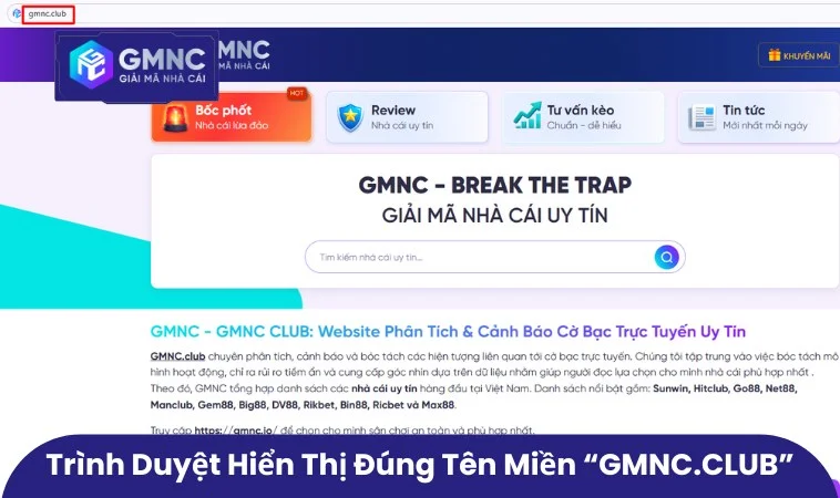 Trình duyệt hiển thị đúng tên miền “GMNC.VIP”